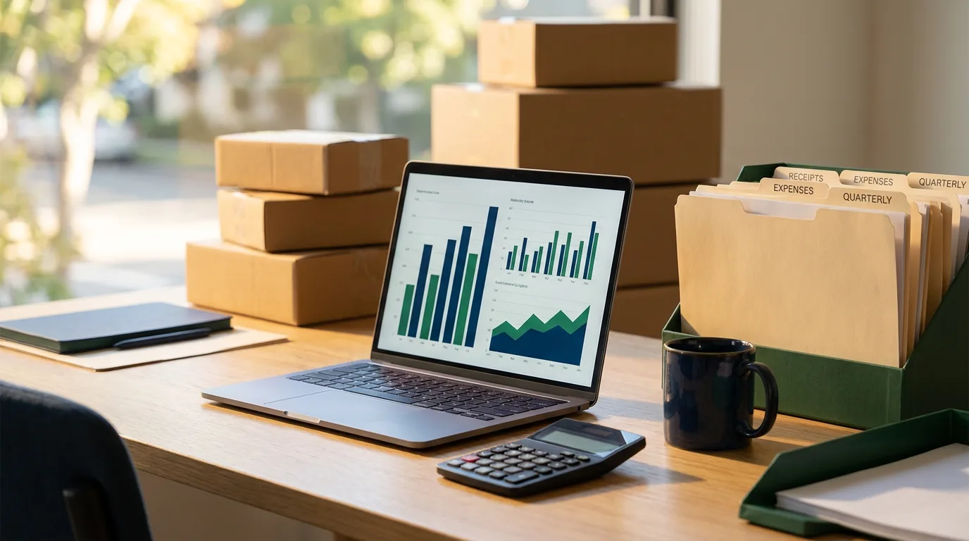 A bright home reselling workspace: neatly boxed inventory, a laptop showing sales charts, a shipping scale and packing tape on a clean desk in warm daylight
